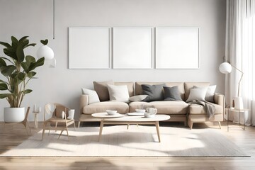 Witness the allure of modern minimalism in a living room setting, featuring a 3D rendering, Scandinavian style, and an empty wall awaiting personalization with a white frame.