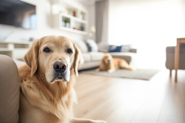 Closeup of one big dog in the apartment and another one lying on the floor in the blurry living room background - obrazy, fototapety, plakaty