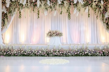 A wedding room with stage space with flowers and purple walls and lighting
