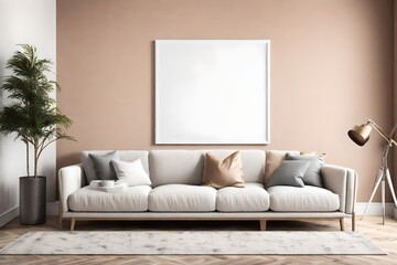 Dive into the serenity of this living room mockup, featuring a minimalist sofa against a solid color wall and a white blank frame, adding a touch of sophistication.