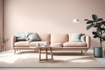 HD shot of a Scandinavian-inspired living room, featuring a simple sofa and coffee table against an empty wall mock-up with a soothing palette of pastel colors.