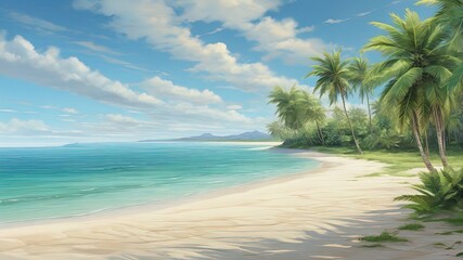 Fototapeta na wymiar A serene digital painting of a tropical beach: turquoise waters, palm trees, and blue sky. Ideal for travel or vacation themes