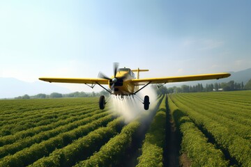 AI powered drone spraying pesticides over wheat crops in farming facility, Artificial intelligence automation in agriculture