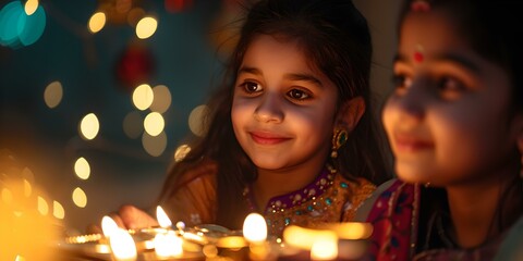 Obraz na płótnie Canvas Young girl celebrating diwali festival with candles and lamps. portrait of joy, tradition and cultural celebration. capturing moments of happiness. AI