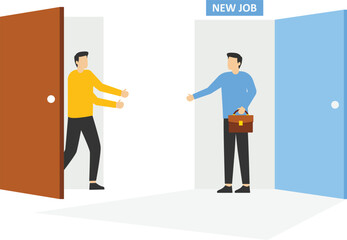 Businessman walks out from one door to another.Businesswoman comes out to welcome him.Change job, cooperation concept.

