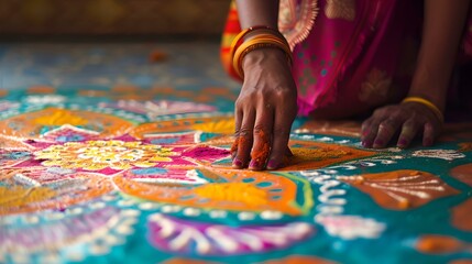 Vibrant rangoli art creation in progress, close-up of hand with bright colors and traditional indian style. cultural craftsmanship captured elegantly. AI