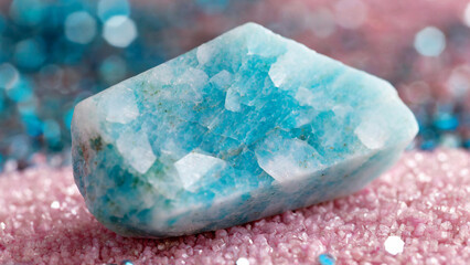 closeup macro view of a blue amazonite gemstone mineral on a glittery pastel pink background a picture for banner