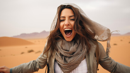 Radiant Moroccan lady exudes excitement in a stylish gray takchita, framed by the vast Sahara. - obrazy, fototapety, plakaty