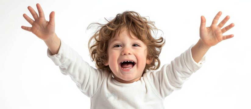 The toddler is joyfully raising his arms with a big smile, showing his happiness and having fun, while laughter fills the air.