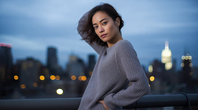 A woman in a versatile gray sweater, hands on cheeks, with an assertive smirk and eyes glinting with shrewd intelligence, against a backdrop of a city skyline at dusk