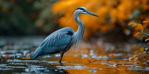 Naklejka premium Elegant grey heron standing in shallow water at twilight. serene nature scene with fall foliage. wildlife photography perfect for background use. AI