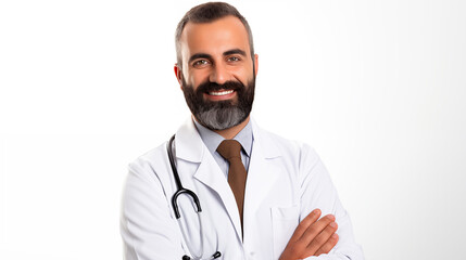 Fototapeta premium Middle Eastern doctor exudes confidence, beaming in his lab coat against a pure white backdrop.