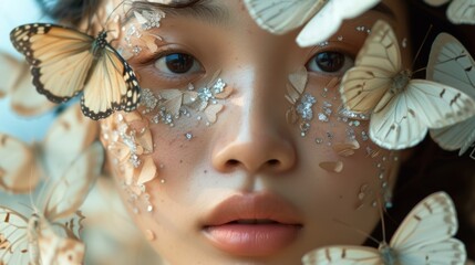Sensitive portrait of a young asian girl with a butterfly flying around her face. Beautiful face with butterflies in light colors
