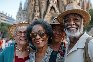 Group of senior multiethnic friends, traveler portrait, in Europe city at summer vacation.