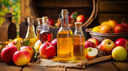 A bottle of apple cider vinegar placed in the center of a wooden table surrounded by a variety of apple types, illustrating the diversity of its source
