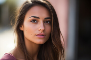 Fototapeta premium Portrait of tender young Latina, brunette with brown eyes.