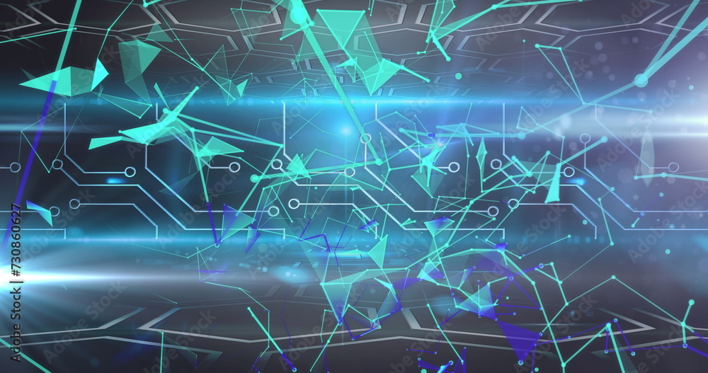 Poster image of data processing with network of connections on blue background