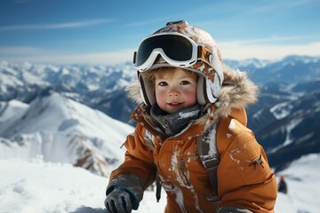 Fototapeta na wymiar Cute little child in a ski suit is skiing in the mountains. Family vacation concept. Ski resort. Winter time. Copy space