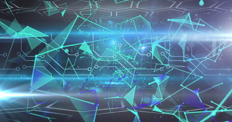 Image of data processing with network of connections on blue background