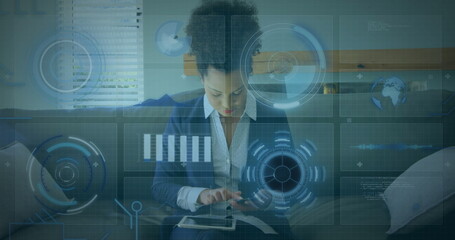 Image of data processing and scope scanning over woman using smartphone and tablet