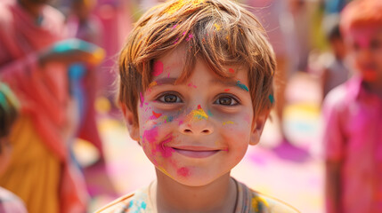 portrait of Indian child at holi festival, child is painted with holi colours, celebrating Holi festival.