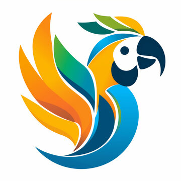 flat logo of blue and yellow macaw isolated on white in style of vector design