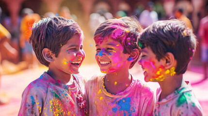 Kids smearing colour powder to each other face during holi celebration, Celebrating Holi festival. Soft focus - obrazy, fototapety, plakaty