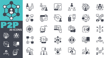 Peer to Peer Icons set. Solid icon collection. Vector graphic elements, Icon Symbol, Paying, Internet, Ordering, Mobile Phone, Technology