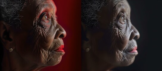 Elderly woman's profile in dual lighting. evocative split portrait, red and natural tones. captivating and timeless. AI