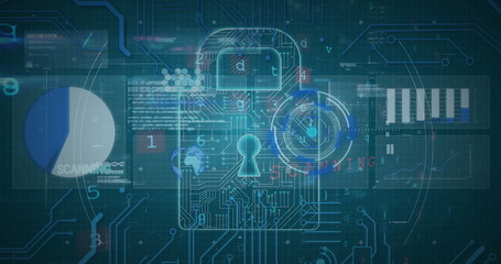 Image of online security padlock, scope scanning and data processing on blue background
