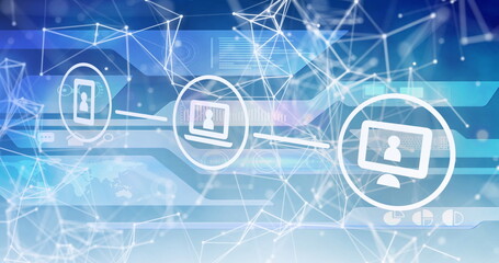 Digital icons against network of connections over digital interface on blue background