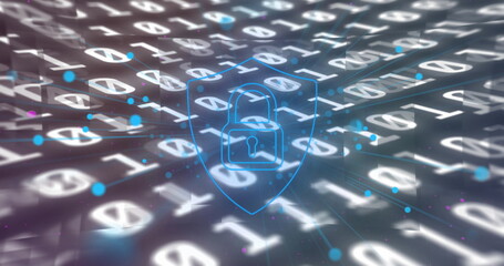 Security padlock icon against binary coding data processing on grey background