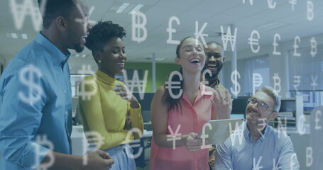 Image of financial data processing and currency symbols over diverse business people