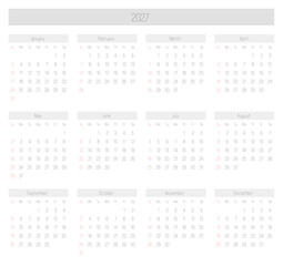 Monthly calendar of year 2027. Week starts on Sunday. Block of months in two rows and six columns horizontal arrangement. Simple thin minimalist design. Vector illustration.
