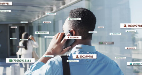 Image of financial data processing over biracial businessman in airport