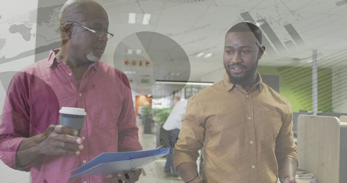 Image of financial data processing over diverse businessmen in office