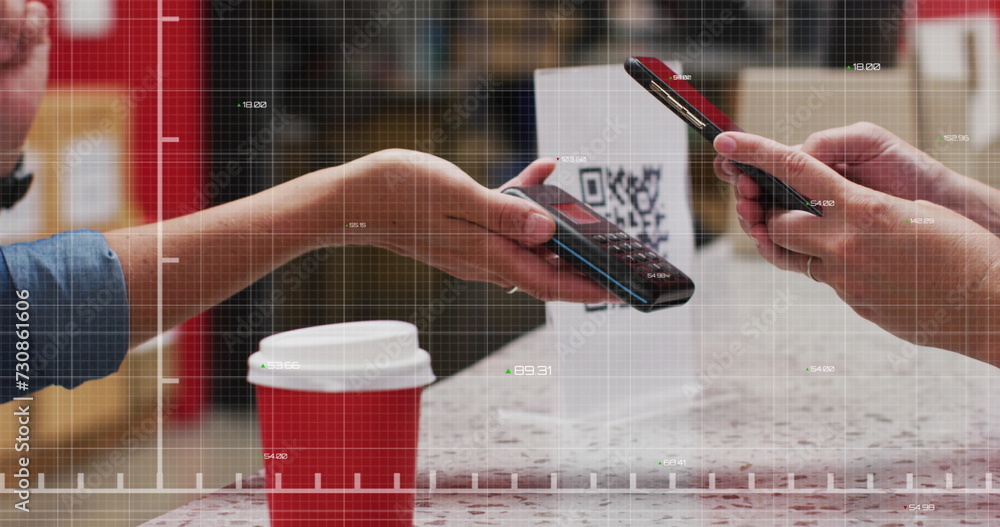 Poster image of red line and data processing over woman paying using smartphone