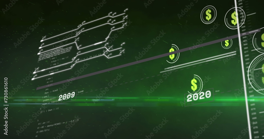 Poster image of dollars in circles over data processing on green background