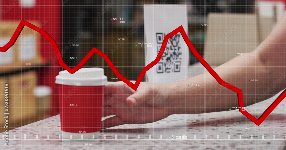 Poster image of red line and data processing over woman paying using smartphone