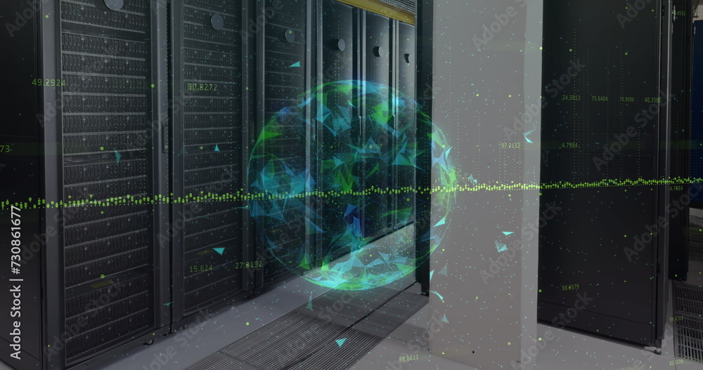 Poster globe of plexus networks spinning against computer server room