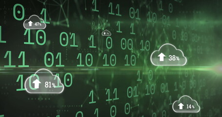Image of clouds with uploading over binary code on green background