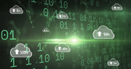 Image of clouds with uploading over binary code on green background