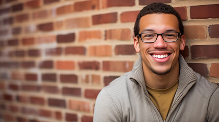 Portrait of a man in glasses with a brick wall background, a subtle smile on his face conveying approachability - obrazy, fototapety, plakaty