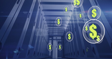 Image of dollars in circles floating over servers