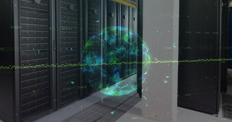 Globe of plexus networks spinning against computer server room