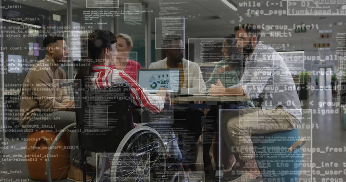 Image of financial data processing over diverse business people in office