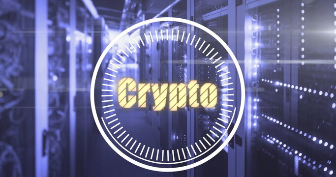 Image of crypto in circle over lights and servers