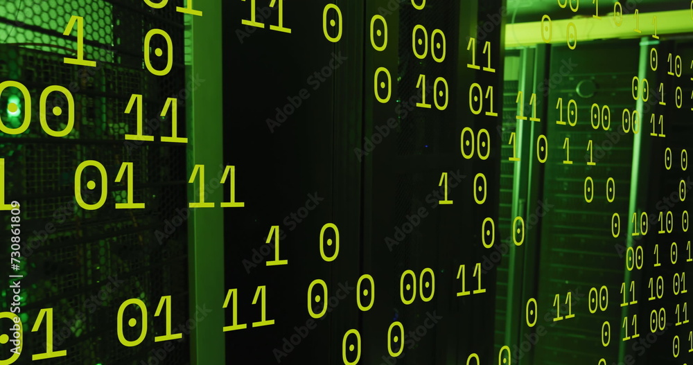 Aufkleber image of green binary code over servers