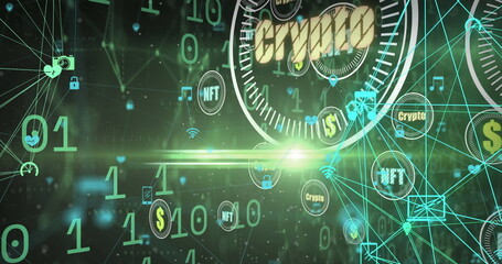 Binary coding and crypto concept icons floating against network of digital icons on green background