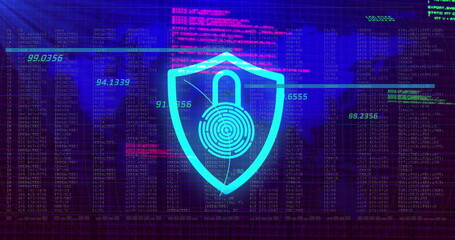 Image of digital shield with padlock and fingerprint over data processing and world map